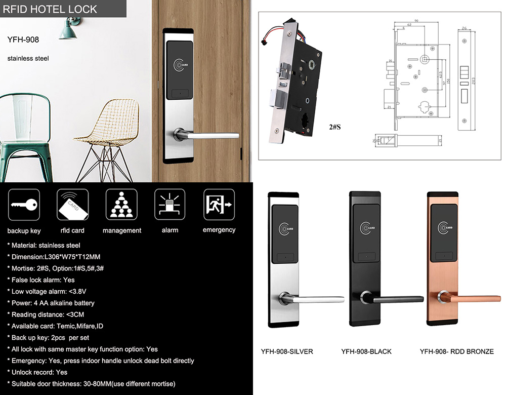 Stainless Steel Smart Card Hotel Door Lock YFH-908