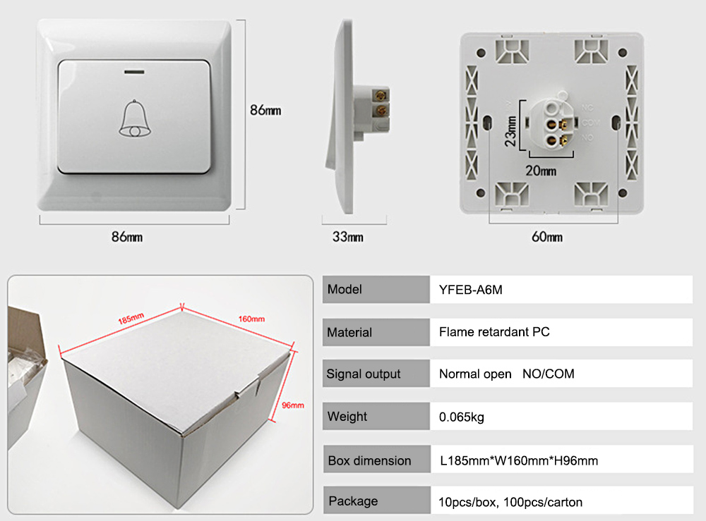 Type 86 Concealed 12V Wired Doorbell Button YFEB-A6M