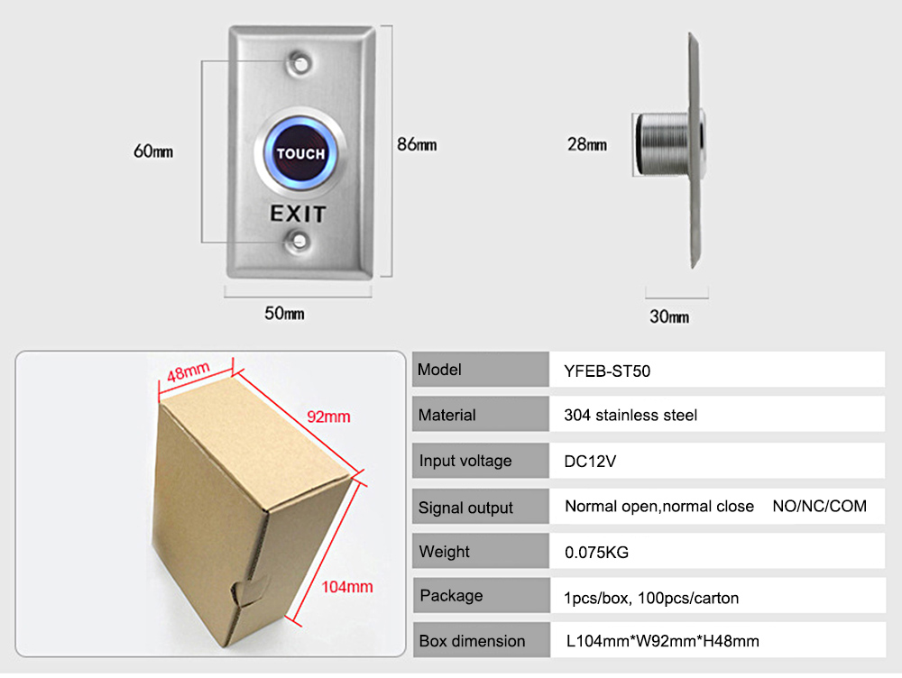 Touch SUS304 Exit Buttons YFEB-ST50