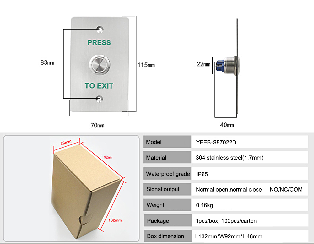 Waterproof SUS304 Push Button Exit Button YFEB-S87922D