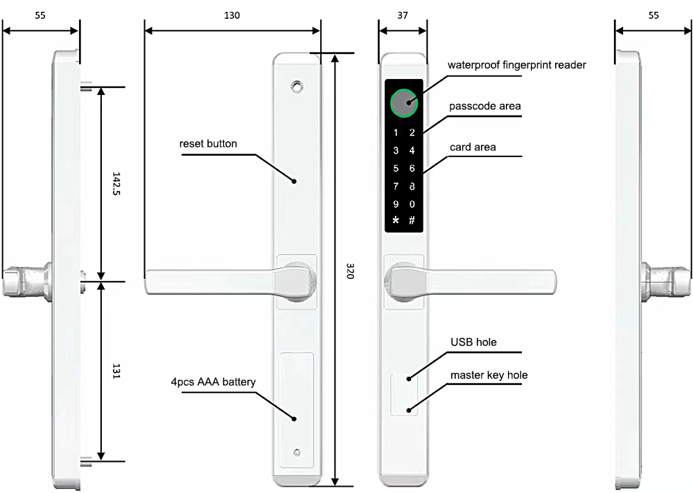 Aluminum Door SUS304 Fingerprint Bluetooth Door Lock YFBF-05