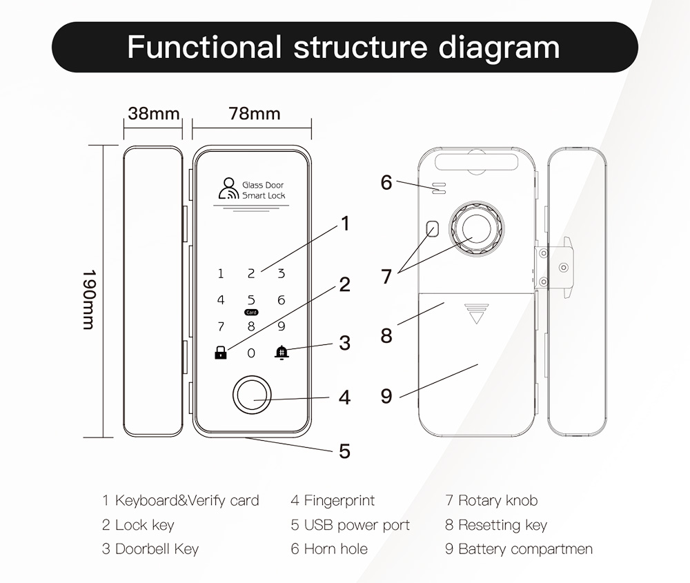 TTlock Or Tuya Bluetooth Frameless Glass Door Lock YFBG-918